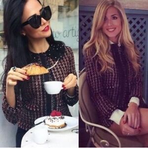 ZARA BLACK RED PLAID TWEED BEADED JACKET size small